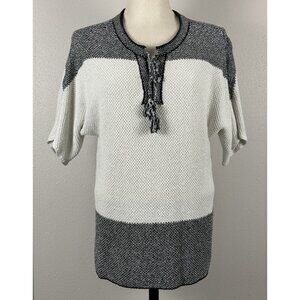 Christopher & Banks Textured Knit Top Womens XL Black White Short Sleeve Tassel